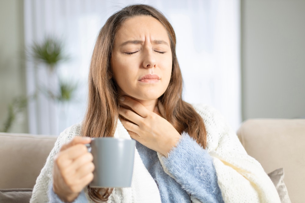 Young,Woman,Touching,Painful,Neck,,Sore,Throat,For,Flu,,Cold